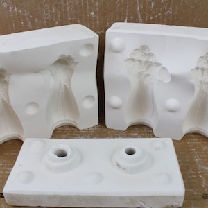 May include: White plaster molds for casting, featuring detailed floral or botanical designs. The image shows several open molds and a separate piece with circular forms, all resting on a cardboard surface. The molds are for creating decorative objects.