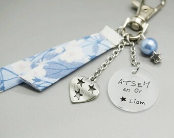 porte clé liberty bleu cabochon "ATSEM en Or" prénom coeur - cadeau scolaire personnalisable