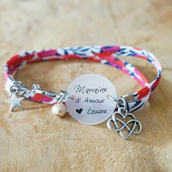 bracelet liberty gravé "Marraine d'amour" personnalisable - annonce naissance bébé - cadeau marraine personnalisé - baptème demande marraine