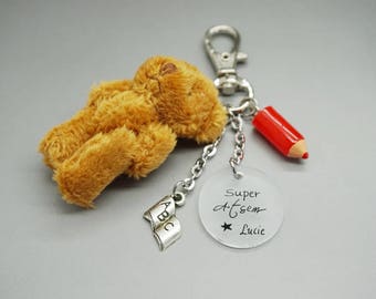 porte clé ours nounours cabochon "Super ATSEM" prénom enfant - cadeau scolaire personnalisable