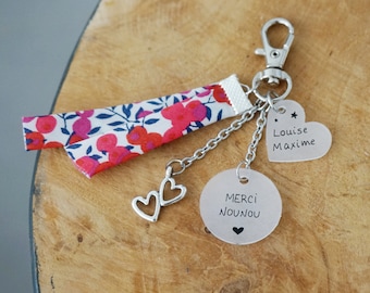 Porte-Clé Merci Nounou + Prénom | Liberty Rouge & Cœur | Cadeau Fin d’Année Personnalisé