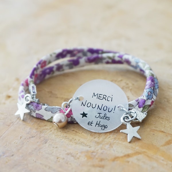 bracelet liberty "Merci Nounou" + prénom garçon fille personnalisable - babysitter crèche maternelle atsem avs puériculture nany nanou