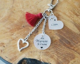 porte clé pompon gravé "Marraine je t'aime" + prénom enfant personnalisable - demande marraine original - cadeau marraine annonce grossesse