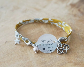 bracelet liberty gravé Mamie + prénom enfant personnalisé - bonne fête mamie - grandma gift - fête grand mère