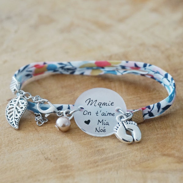 Pulsera Liberty personalizada «Mamie te queremos» – Regalo para el Día de la Abuela – Nombre(s) del niño/niña – Idea de regalo colorida para la abuela