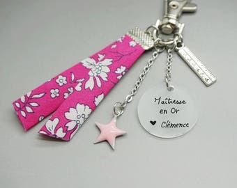 porte clé liberty cabochon "Maîtresse en or" crayon étoile rose- cadeau scolaire personnalisable