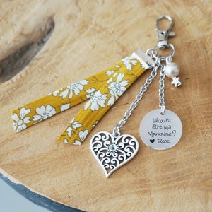 "Will you be my godmother?" key ring with customizable first name - mustard liberty - personalized baptism - baby announcement