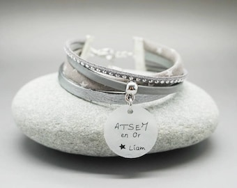 bracelet manchette cuir cabochon "ATSEM en or" prénom- cadeau scolaire personnalisable - teacher gift
