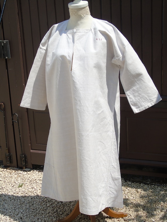 Pure Unbleached Hemp Antique French Smock Chemise Nightgown Country Shift Romantic Nightshirt MT monogram Art Brocante