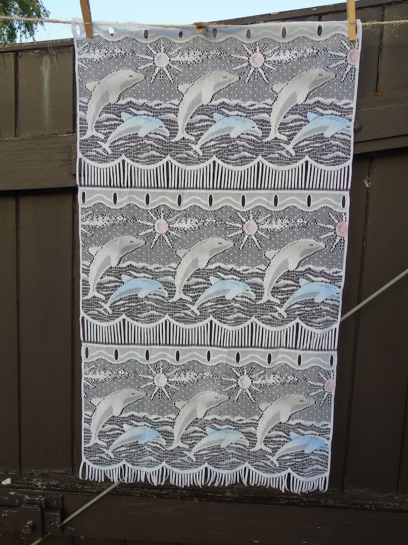 Versatile 12379 Featuring dolphins can be cut Drop 32 x 17..75 wide. French vintage single white panel curtain