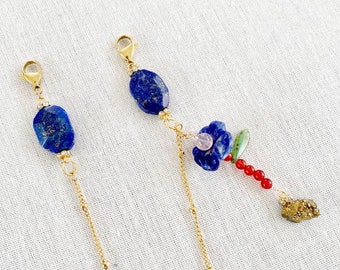 Premium Mask Lanyard (Strap) - Gemstone (Lapis Lazuli & Titanium Druzy) - Hypoallergenic gold chain