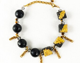 Ophelia Bracelet - Black Onyx, Vulcanic Rocks w/Gold Leaf - Black - Statement Bracelet