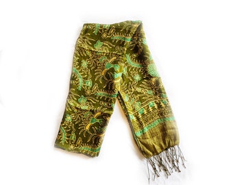 Phoenix - Green Gold - KIRANA SILK SCARF (Medium 175x45 cm)- Hand drawn Batik