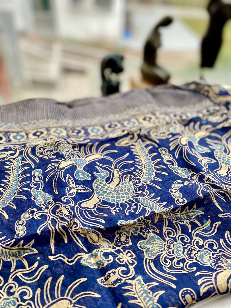 Phoenyx KIRANA SILK SCARF Medium 175x45 cm Blue White & Blue Navy Gold Hand drawn Batik Navy Blue Gold