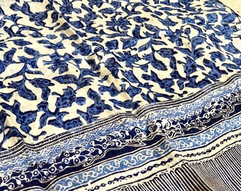 KIRANA SILK SCARF (Medium 175x45 cm)- White Blue - Hand Drawn Batik (Floral)