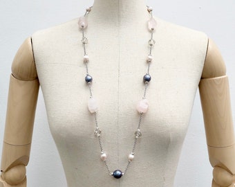 Michaela Gold Necklace - Black Pearls, Rose Quartz, Crystal Quartz, FW Pearls