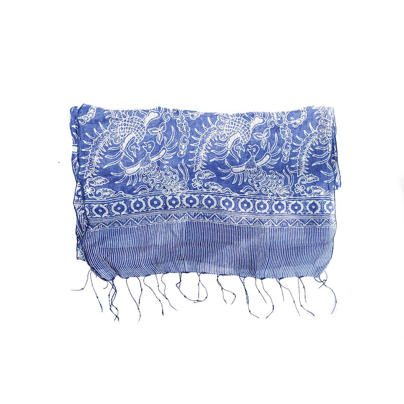 Phoenyx KIRANA SILK SCARF Medium 175x45 cm Blue White & Blue Navy Gold Hand drawn Batik image 2