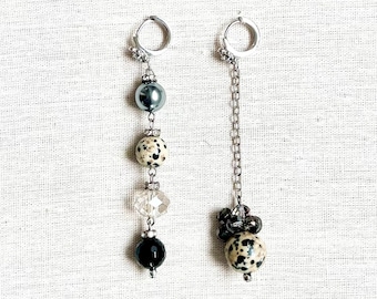 Claudia Earrings - Dalmatian Jasper & Black Onyx - Black and White - Asymmetrical Earrings