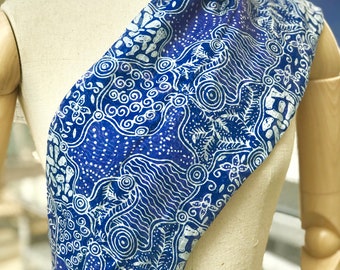 KIRANA SILK SCARF (Medium 175x45 cm)- Blue Ocean - Hand drawn Batik (Coral)