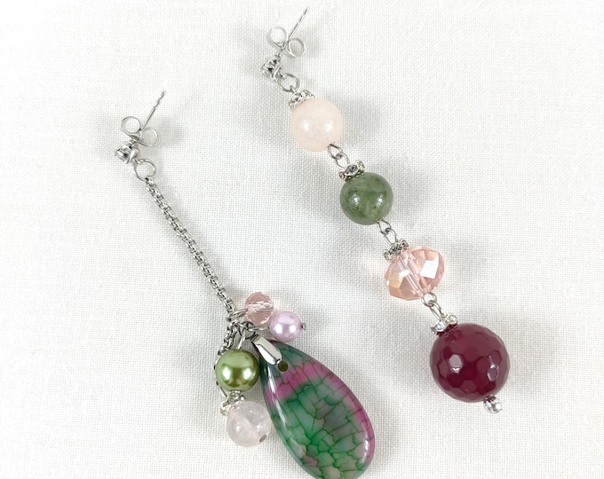 Claudia Earrings - Pink Agate - Pink and Green - Asymmetrical Earrings