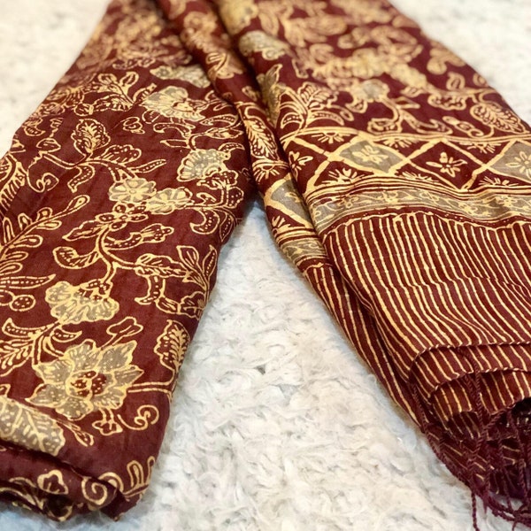 KIRANA SILK SCARF (Large 175x90cm) - Burgundy Gold - Batik Kembang Tujuh Rupa (Seven Forms of Flowers)