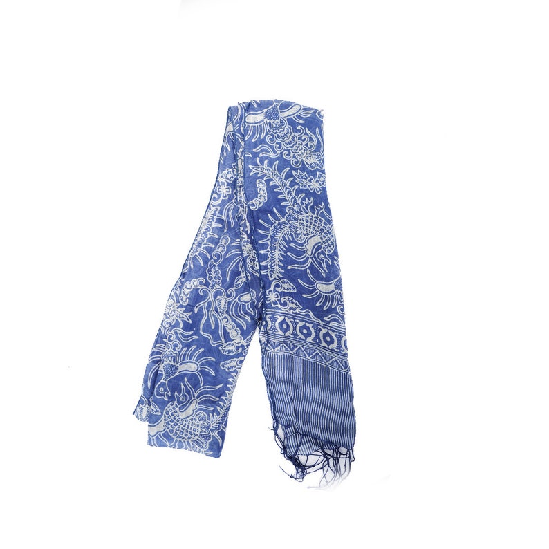 Phoenyx KIRANA SILK SCARF Medium 175x45 cm Blue White & Blue Navy Gold Hand drawn Batik image 4