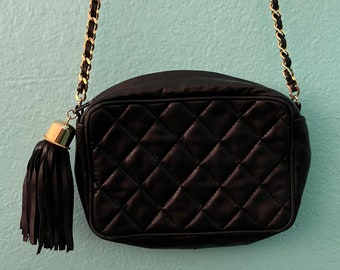 Vintage I. Magnin Quilted Black Leather Gold Chain Crossbody Bag