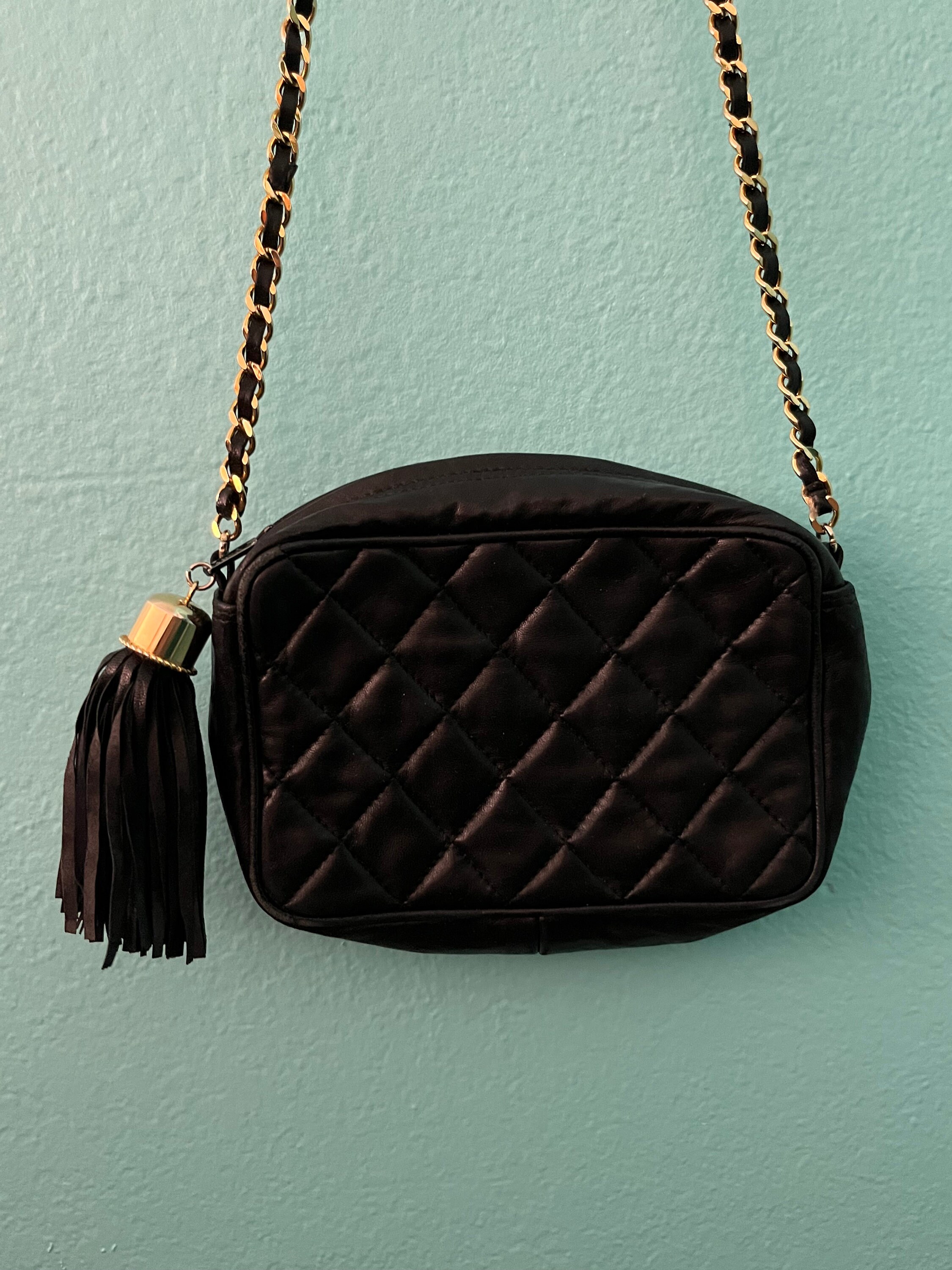 Vintage I. Magnin Quilted Black Leather Gold Chain Crossbody