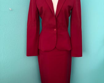 Vintage Jones New York 1980s Red Power Suit, Pencil Skirt & Deep V Blazer