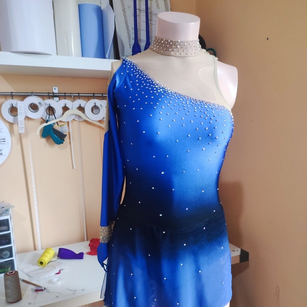 Blue figure skating competition bodysuit for ice skating and roller skating with rhinestones preciosa solo dance