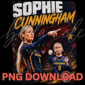 Puede incluir: Un diseño gráfico con dos imágenes de la jugadora de baloncesto Sophie Cunningham con una camiseta azul oscuro de Indiana con el número 8. El texto SOPHIE CUNNINGHAM aparece en blanco y amarillo, con PNG DOWNLOAD abajo.
