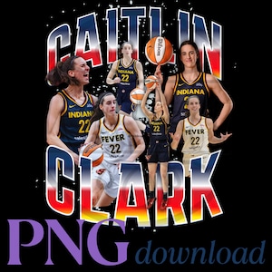 May include: A graphic design featuring multiple images of Caitlin Clark in her Indiana Fever and college basketball uniforms, with the name "CAITLIN CLARK" in large, colourful letters. The background is black.