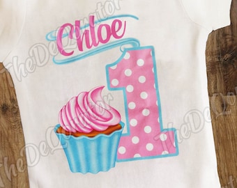 Personalized Pink Cupcake Any Birthday Age T-shirt, Birthday Girl, Pastel Colors, First Birthday Party T-shirt, Kids Toddler Youth and Adult