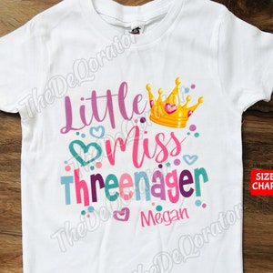 Personalized Little Miss Threenager Birthday Girl T-shirt, Cute Princess Crown 3rd Birthday Party Shirt, Kids Toddler Youth and Adult Shirts