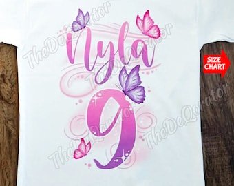 Personalized Name Age and Butterflies T-shirt, Cute Birthday Girl Pink Purple Theme, Butterfly Party outfit, Kids Toddler Youth and Adult