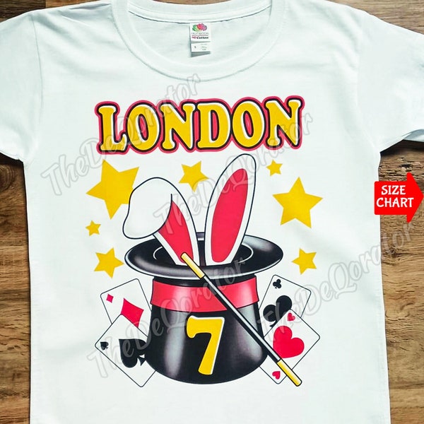 Personalized Magician T-shirt, Magic Wand Magical Birthday Party Theme Magic Show White Bunny, Kids Toddler Youth and Adult