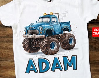 Camiseta personalizada de camión monstruo azul, camiseta de camión grande, linda camiseta de camión azul para niños pequeños, conductor de camión, niños pequeños, jóvenes y adultos