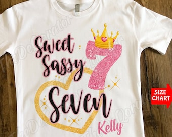 Personalized Sweet Sassy Seven Birthday Girl T-shirt, Crown 7th Birthday Party Shirt, 7 Year old Girls Kids Toddler Youth and Adult Shirts