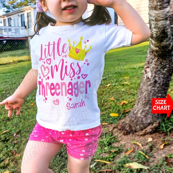 Personalized Little Miss Threenager Birthday Girl T-shirt, Cute Princess Crown 3rd Birthday Party Shirt, Kids Toddler Youth and Adult Shirts