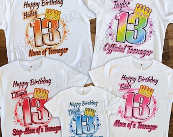 Personalized Family Matching Any Age Birthday T-shirt, Crown 13th Birthday, Graphic Tee, Official Teenager, Kids Toddler Youth and Adult
