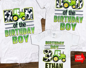 パーソナライズされた家族マッチングトラクターバースデーボーイTシャツ、あらゆる年齢の男の子ファームバースデーシャツ、トラクターカウパーティーキッズ幼児若者大人