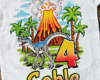 Personalized Dinosaur Velociraptor Volcano Palms T-shirt, Gray Blue Dino Graphic Tee, Dinosaur Party Theme Tshirt, Youth and Adult Shirts