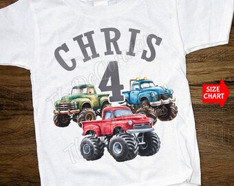 Camiseta personalizada con nombre y edad de Monster Trucks, camiseta de camión grande, linda camiseta de camión para niños pequeños, conductor de camión, niños pequeños, jóvenes y adultos