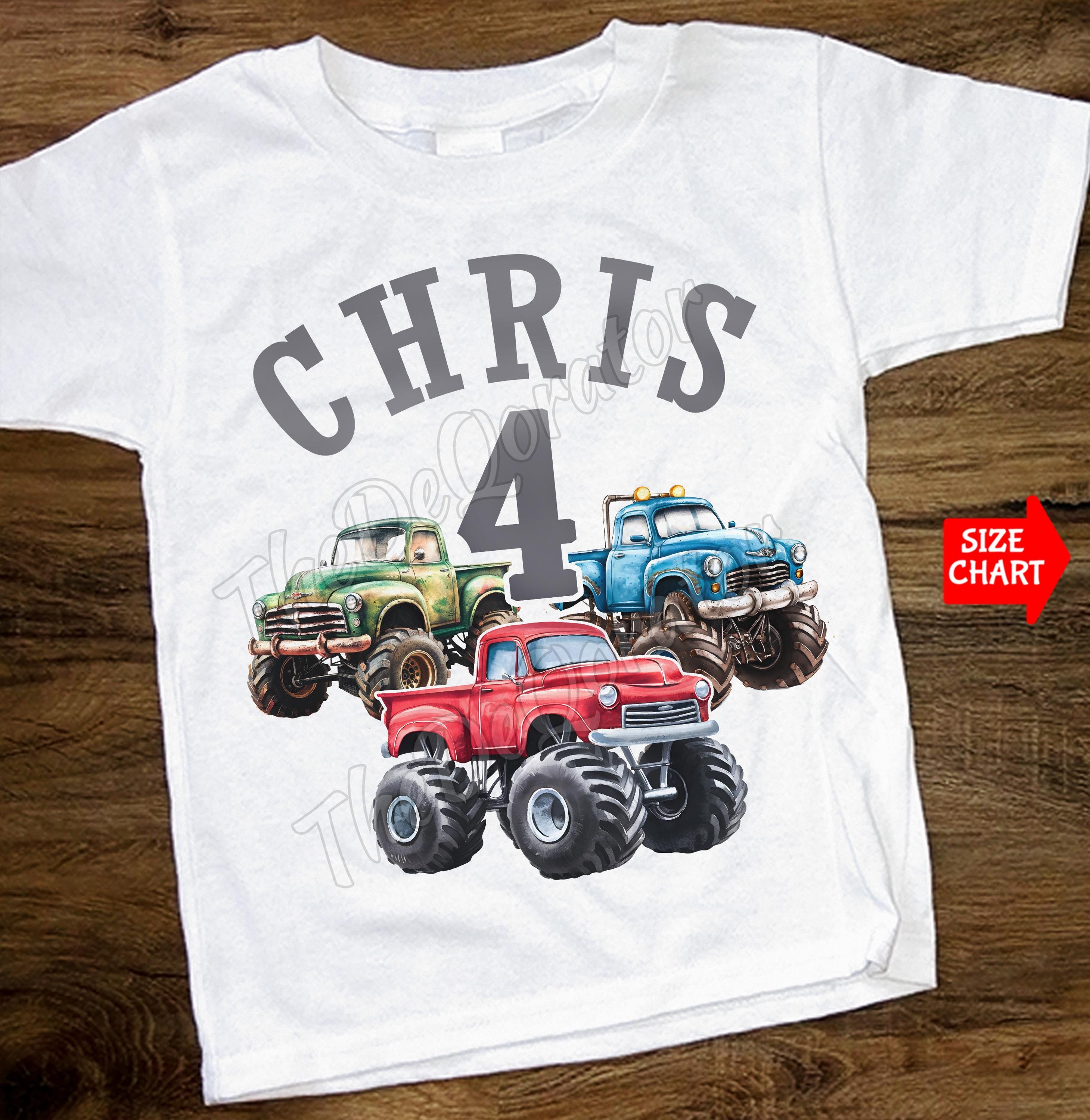 モンスタートラックTシャツ、ビッグトラックシャツ、かわいいトラック幼児用シャツ、トラックライダー、子供、幼児、若者、大人向けのパーソナライズされた年齢と名前