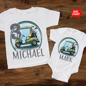 パーソナライズされたゴルフカートTシャツ、男の子の誕生日のかわいいお揃いのファミリーシャツ、女の子、子供、幼児、若者、大人向けのゴルフカートシャツ