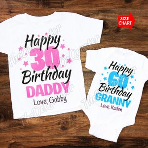Personalisierte Name alles Gute zum Geburtstag Daddy Mama Oma Shirt, Sterne Geburtstag Alter 25 30 40 50 60 usw., Bodysuit Kinder Kleinkind Jugend Erwachsene