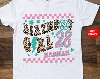 Personalisiertes Retro Cheetah Birthday Girl Jedes Alter T-Shirt, Leopardenmuster Geburtstagskind-Party-Shirt Kinder Kleinkind Jugend und Erwachsene Shirts