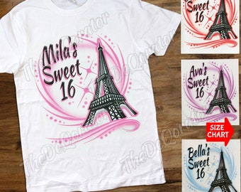 Personalized Paris Birthday Girl T-shirt,  Eiffel Tower Graphic Tee, Sweet 16 Pink Paris Birthday Party Shirt, Kids Toddler Youth and Adult