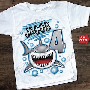 Personalisierte Haifisch-Geburtstags-T-Shirt, jedes Alter Grauer Hai, Hai-Sommer-Strand Benutzerdefinierte Jungen-Geburtstags-Haifisch-T-Shirt, Kleinkind-Kinder, Jugendliche und Erwachsene
