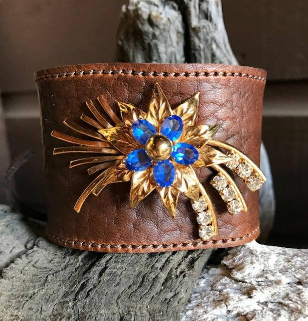 Vintage Leather Cuff with Blue/Green Rhinestones